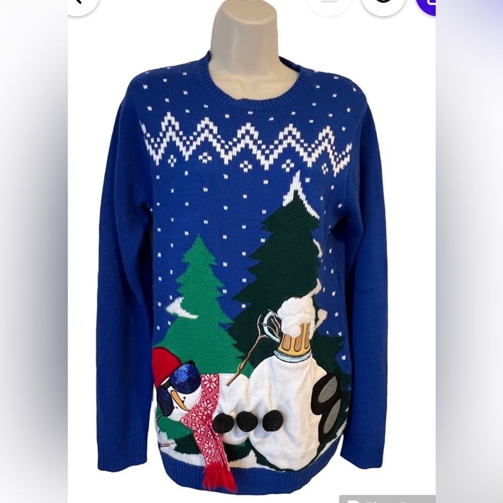 Jolly Sweaters Women’s Small Blue Knot‎ Snowman With Beer Christmas Holiday
